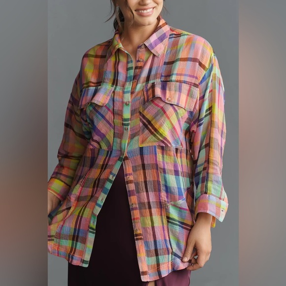 NWT Pilcro 3X Plus Long-Sleeve Mixed Madras Plaid Oversized Buttondown Shirt - Picture 7 of 11